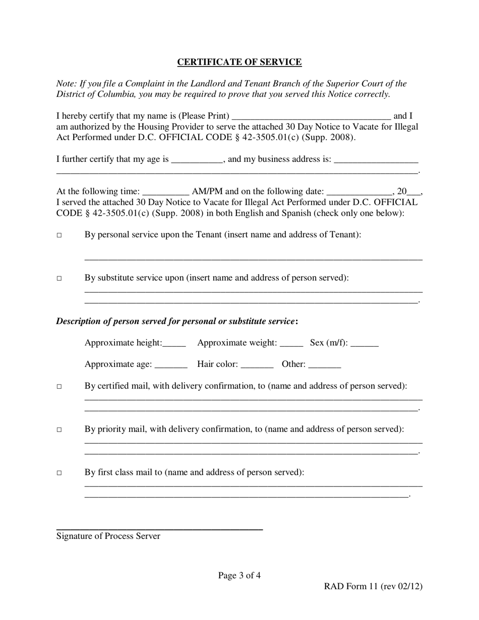 RAD Form 11 30 Day Notice to Vacate for Illegal Act Performed - Washington, D.C., Page 3