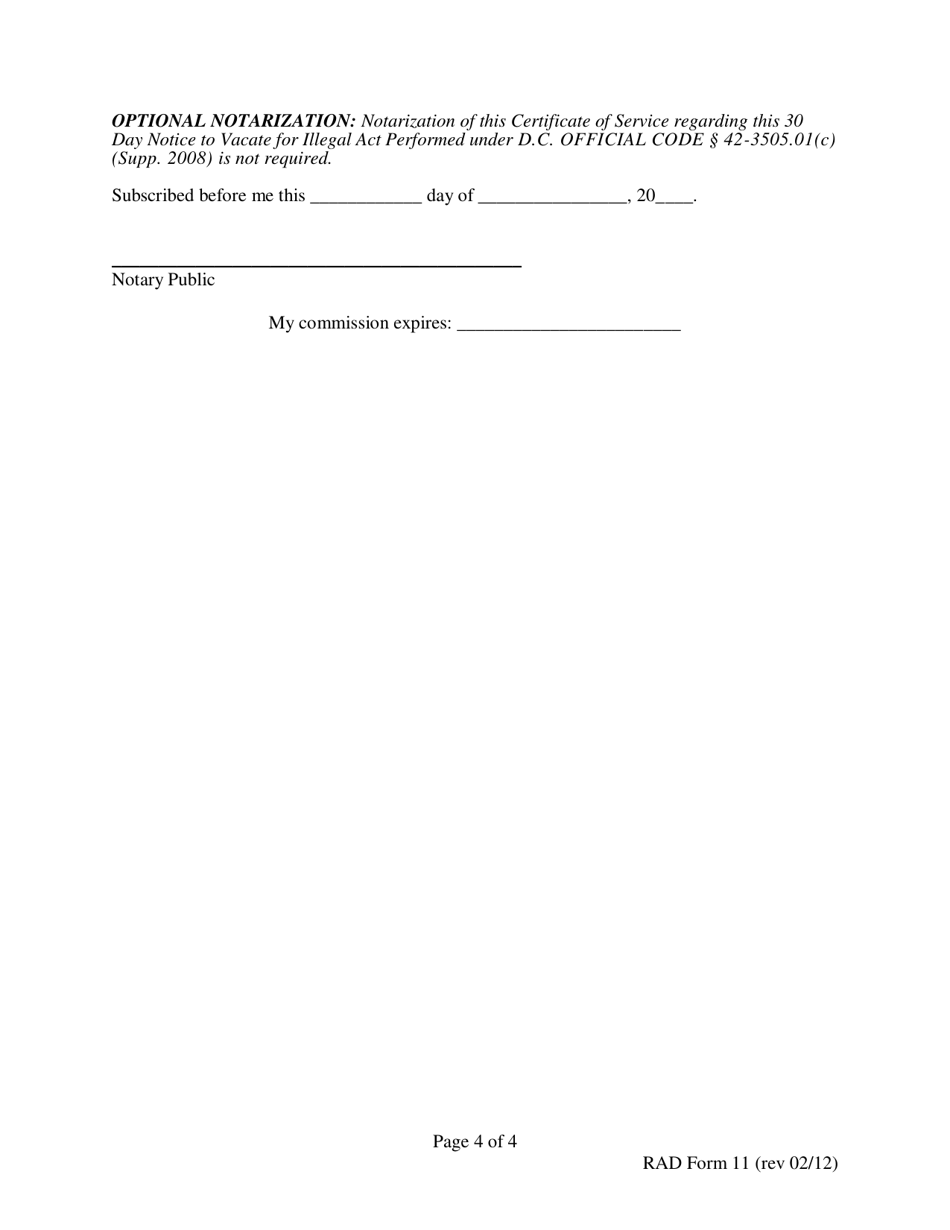 RAD Form 11 30 Day Notice to Vacate for Illegal Act Performed - Washington, D.C., Page 4