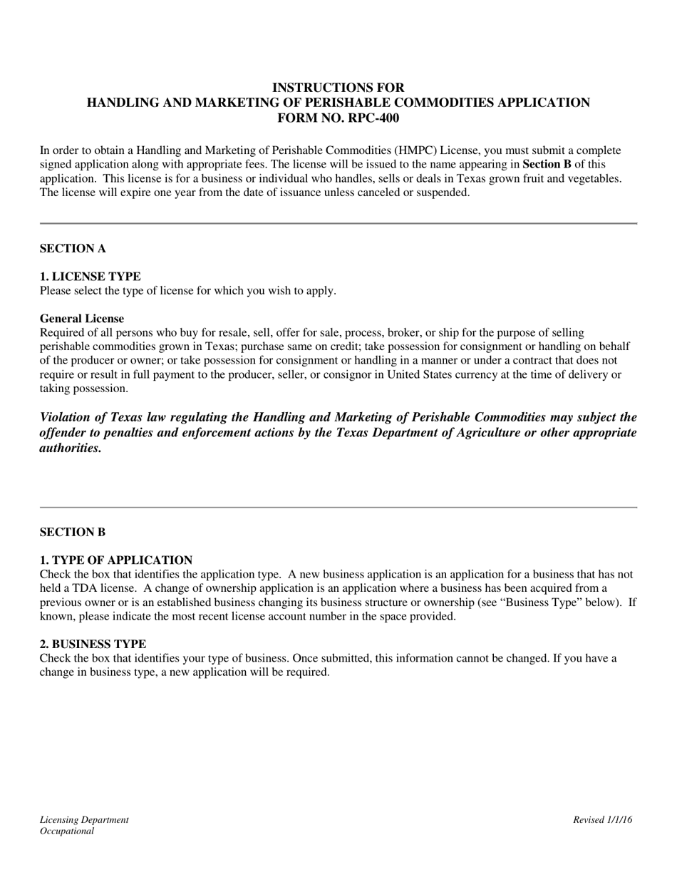 Instructions for Form RPC-400 Handling and Marketing of Perishable Commodities Application - Texas, Page 1