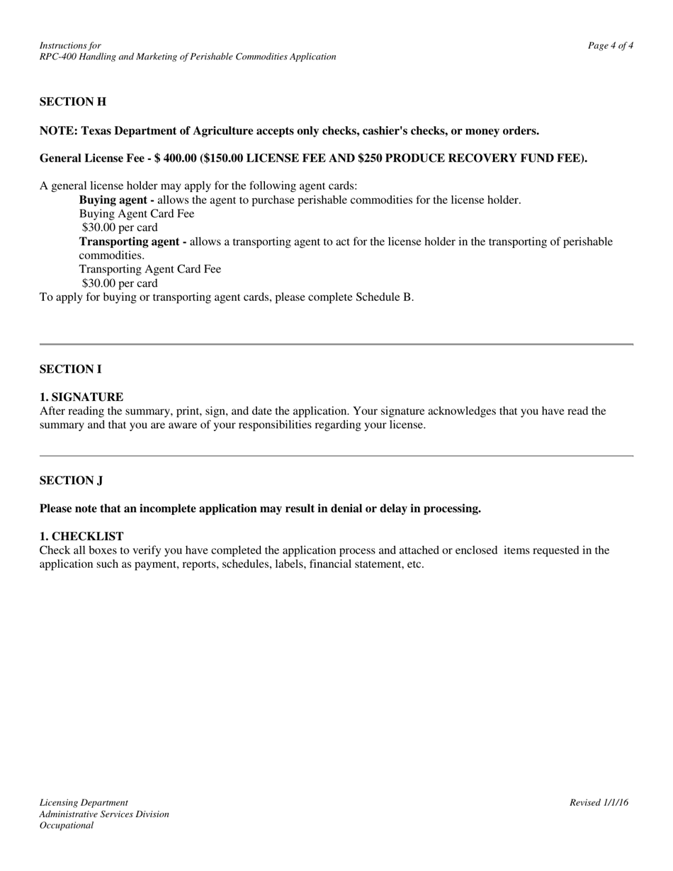 Instructions for Form RPC-400 Handling and Marketing of Perishable Commodities Application - Texas, Page 4