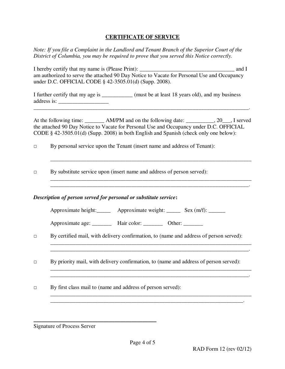 RAD Form 12 Download Printable PDF or Fill Online 90 Day Notice to ...