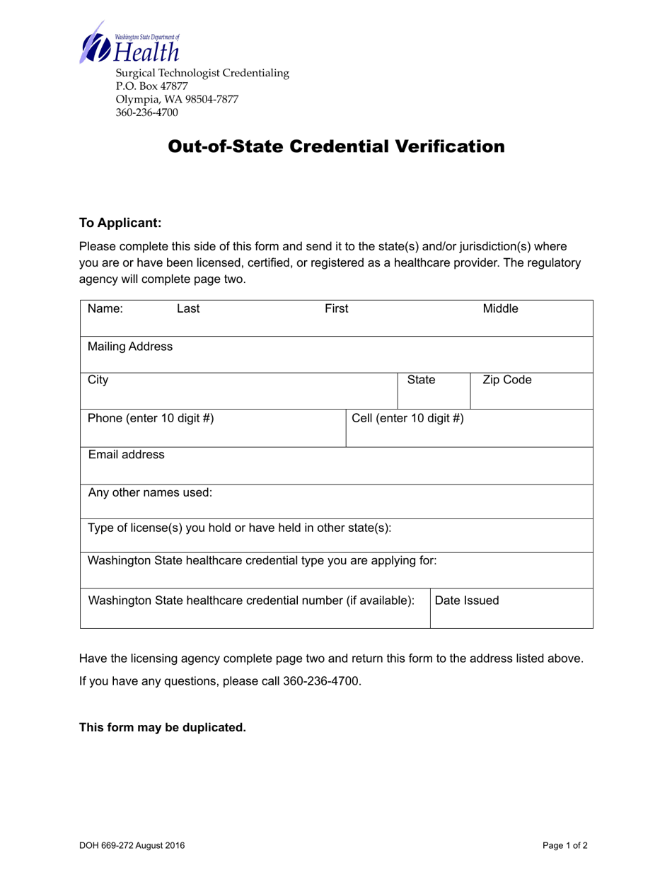 DOH Form 669-272 Out-of-State Credential Verification - Washington, Page 1
