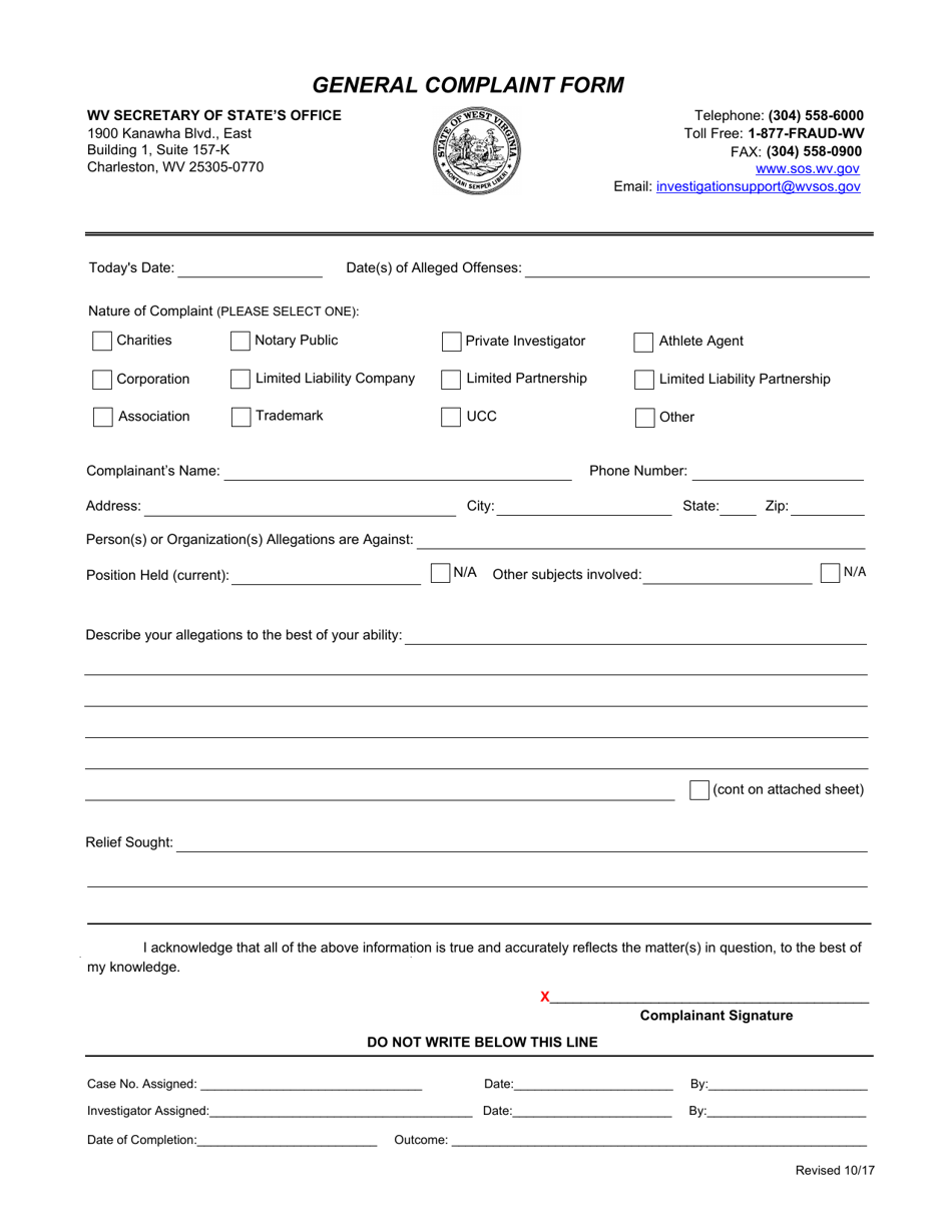 General Complaint Form - West Virginia, Page 1