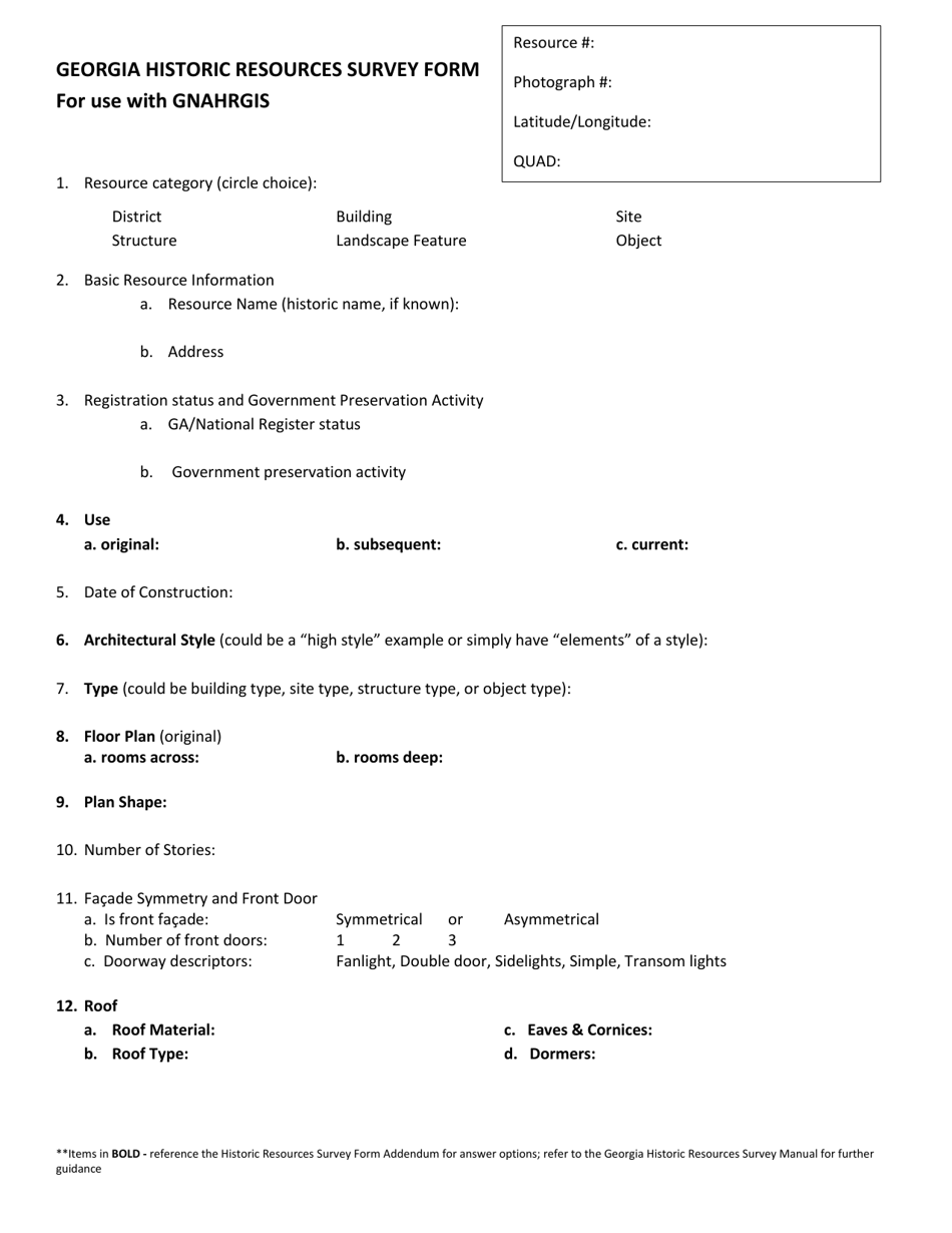 Georgia Historic Resources Survey Form for Use With Gnahrgis - Georgia (United States), Page 1