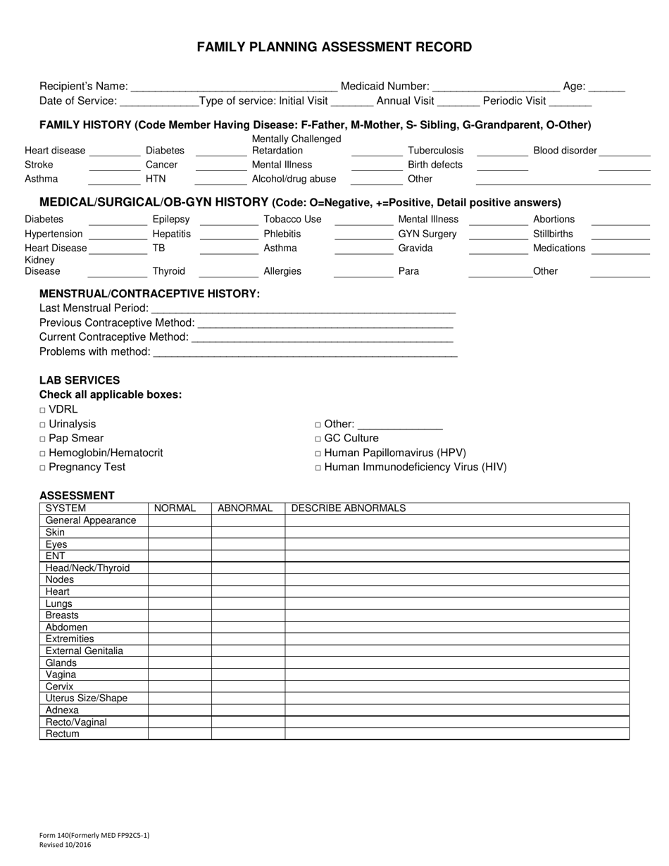 Form 140 Family Planning Assessment Record - Alabama, Page 1