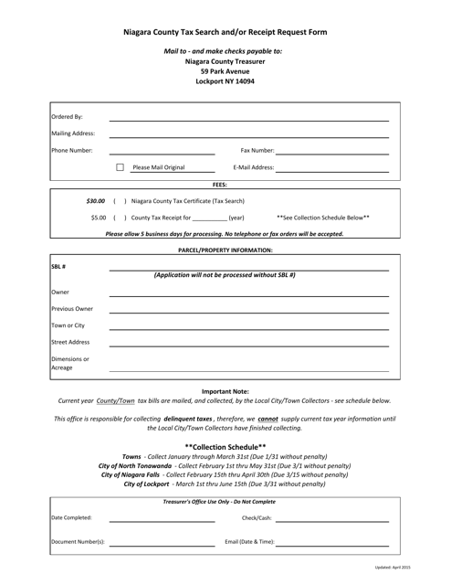Tax Search and / or Receipt Request Form - Niagara County, New York Download Pdf