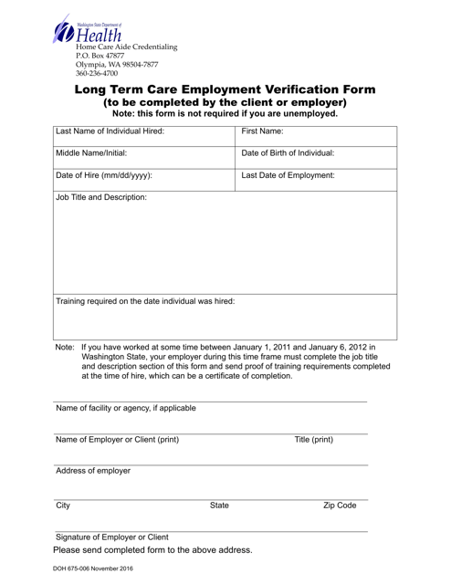DOH Form 675-006 Long Term Care Employment Verification Form - Washington