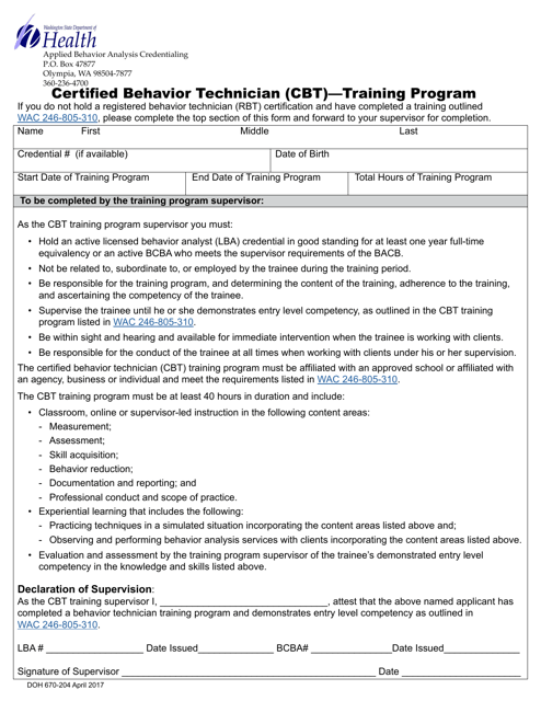 DOH Form 670-204 Certified Behavior Technician (Cbt) - Training Program - Washington