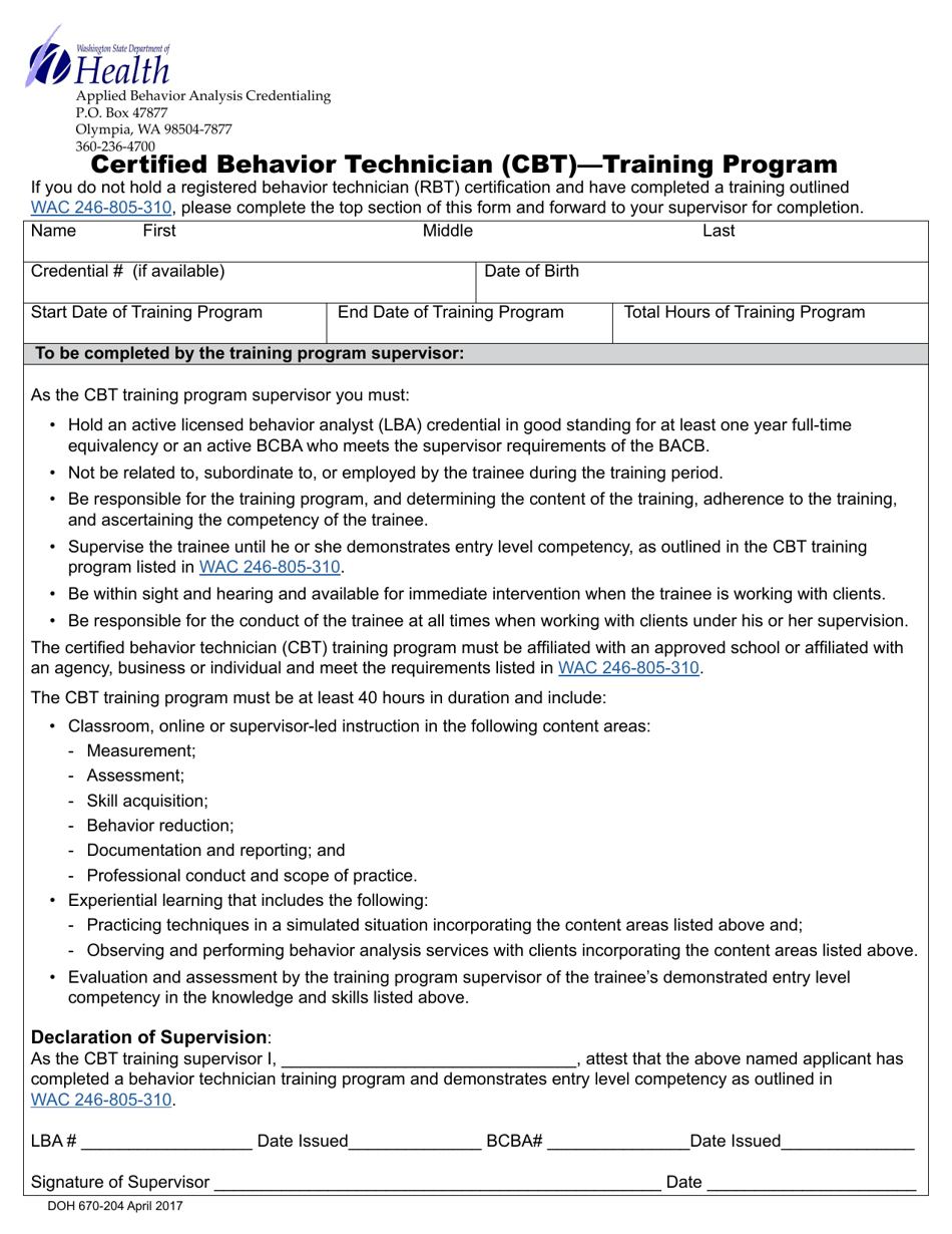 DOH Form 670-204 Certified Behavior Technician (Cbt) - Training Program - Washington, Page 1