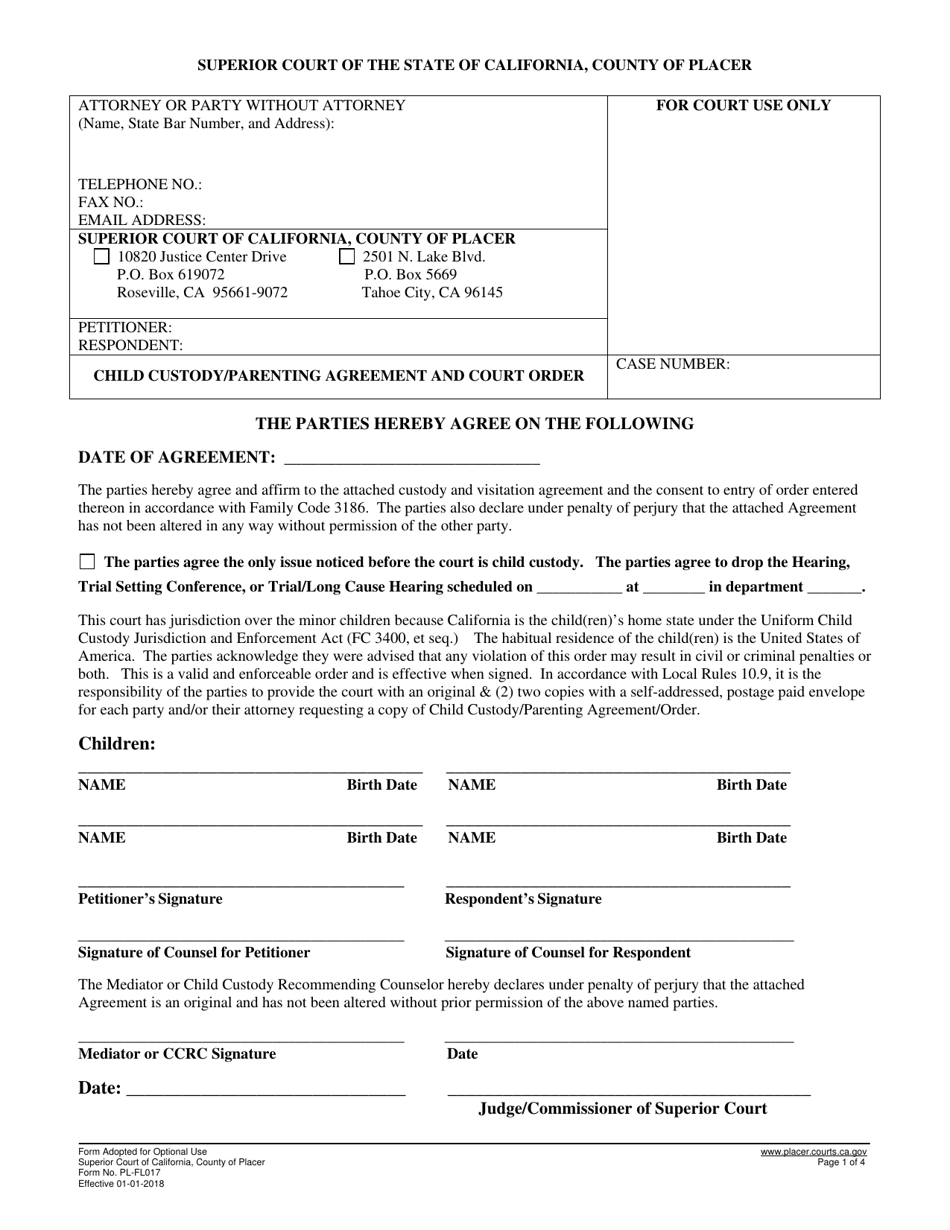 Form PL-FL017 Child Custody / Parenting Agreement and Court Order - County of Placer, California, Page 1