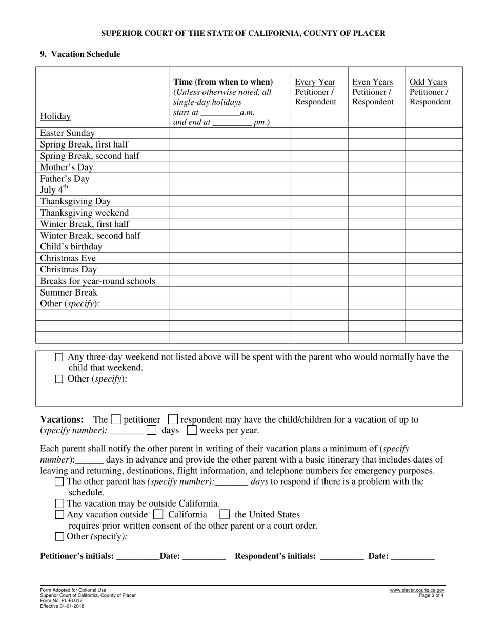 Form PL-FL017 Child Custody / Parenting Agreement and Court Order - County of Placer, California, Page 3