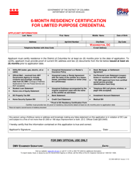 Document preview: Form DC DMV-6MR-001 6-month Residency Certification for Limited Purpose Credential - Washington, D.C.