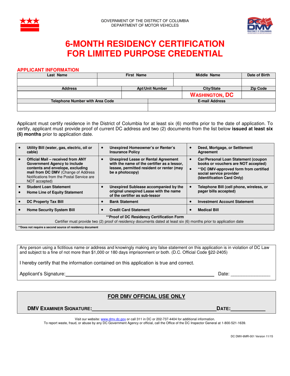 Form DC DMV-6MR-001 6-month Residency Certification for Limited Purpose Credential - Washington, D.C., Page 1