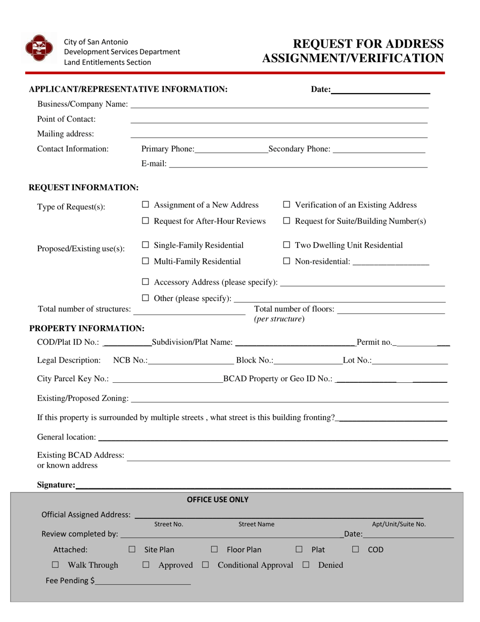 Request for Address Assignment / Verification - City of San Antonio, Texas, Page 1