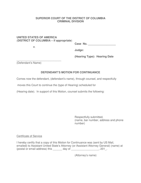 Defendant's Motion for Continuance - Washington, D.C.