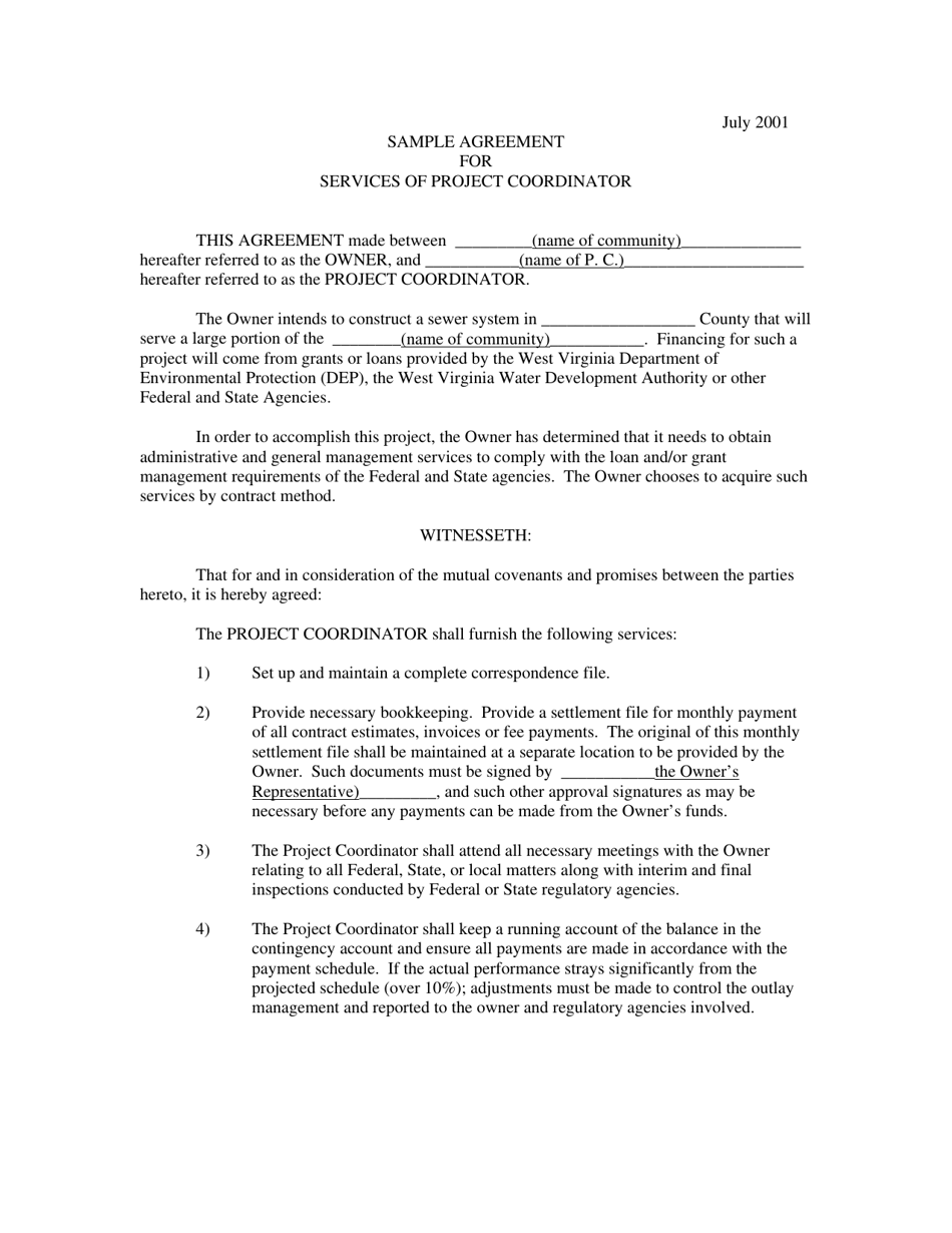 Sample Agreement for Services of Project Coordinator - West Virginia, Page 1