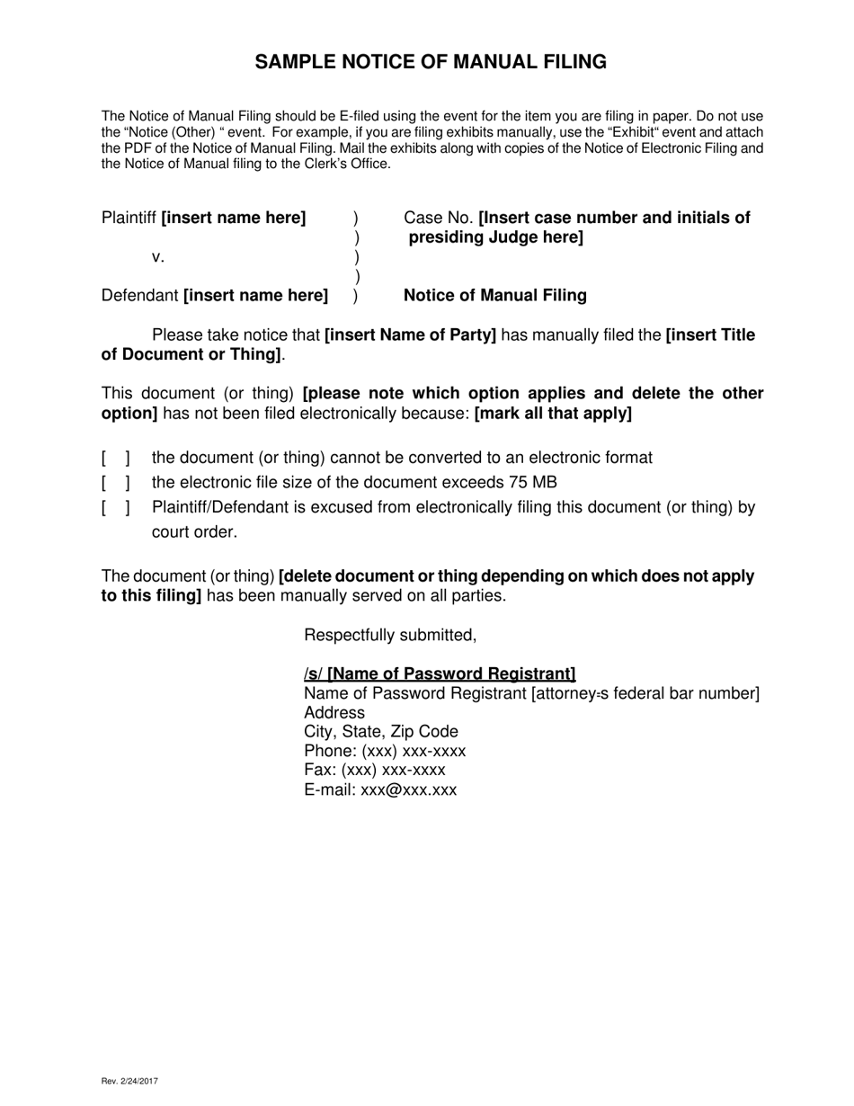 Sample Notice of Manual Filing - Washington, D.C., Page 1