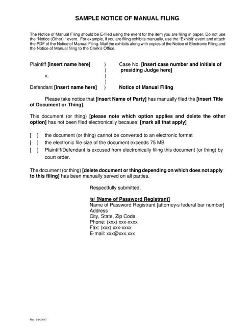 Sample Notice of Manual Filing - Washington, D.C. Download Pdf
