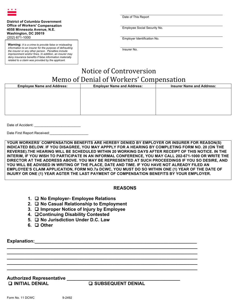 Form OWC-11 Notice of Controversion Memo of Denial of Workers' Compensation - Washington, D.C., Page 1