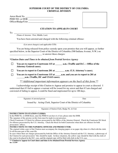 Citation to Appear in Court - Washington, D.C. Download Pdf