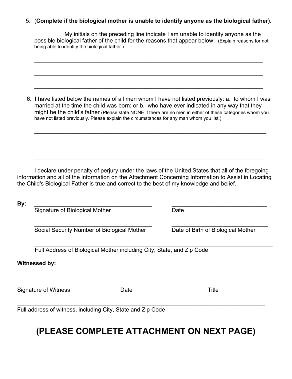 Biological Mothers Affidavit Concerning Paternity - Washington, D.C., Page 2