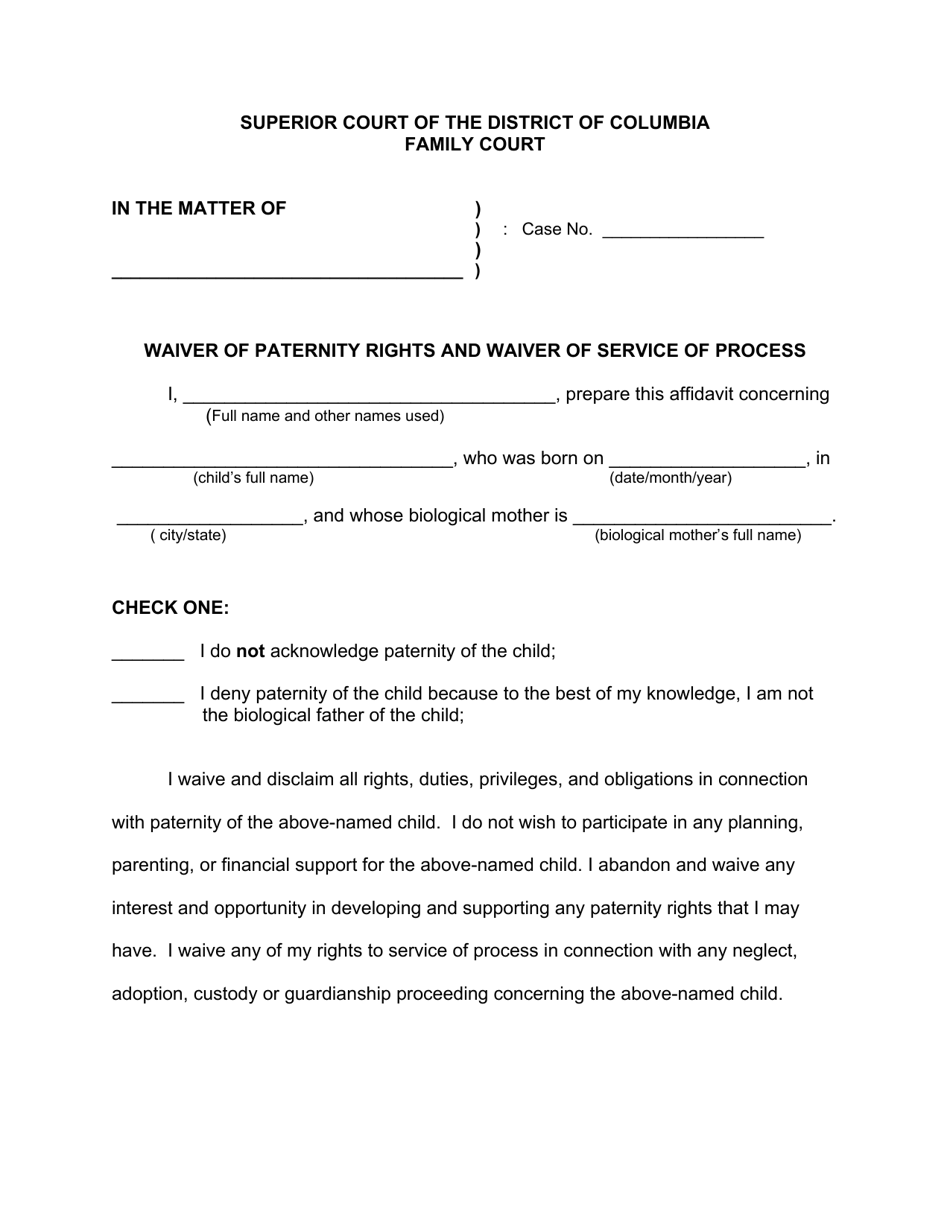 Waiver of Paternity Rights and Waiver of Service of Process - Washington, D.C., Page 1