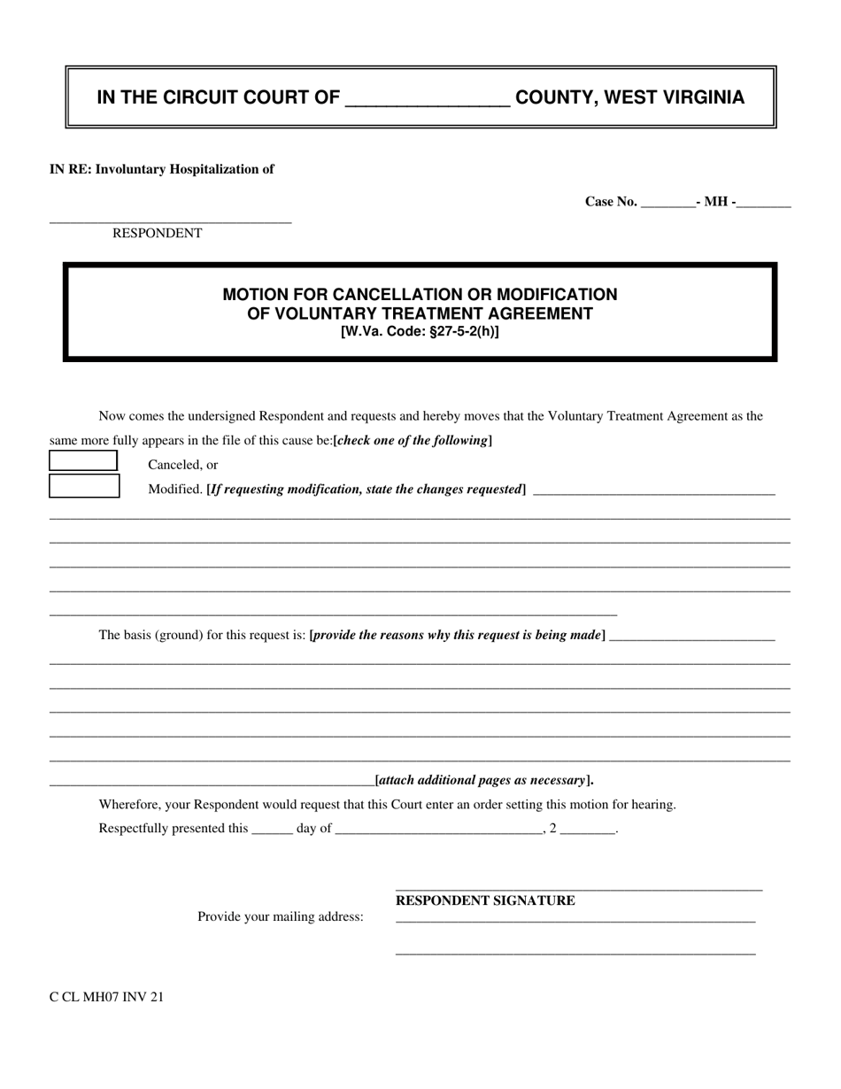 Form INV21 Motion for Cancellation or Modification of Voluntary Treatment Agreement - West Virginia, Page 1