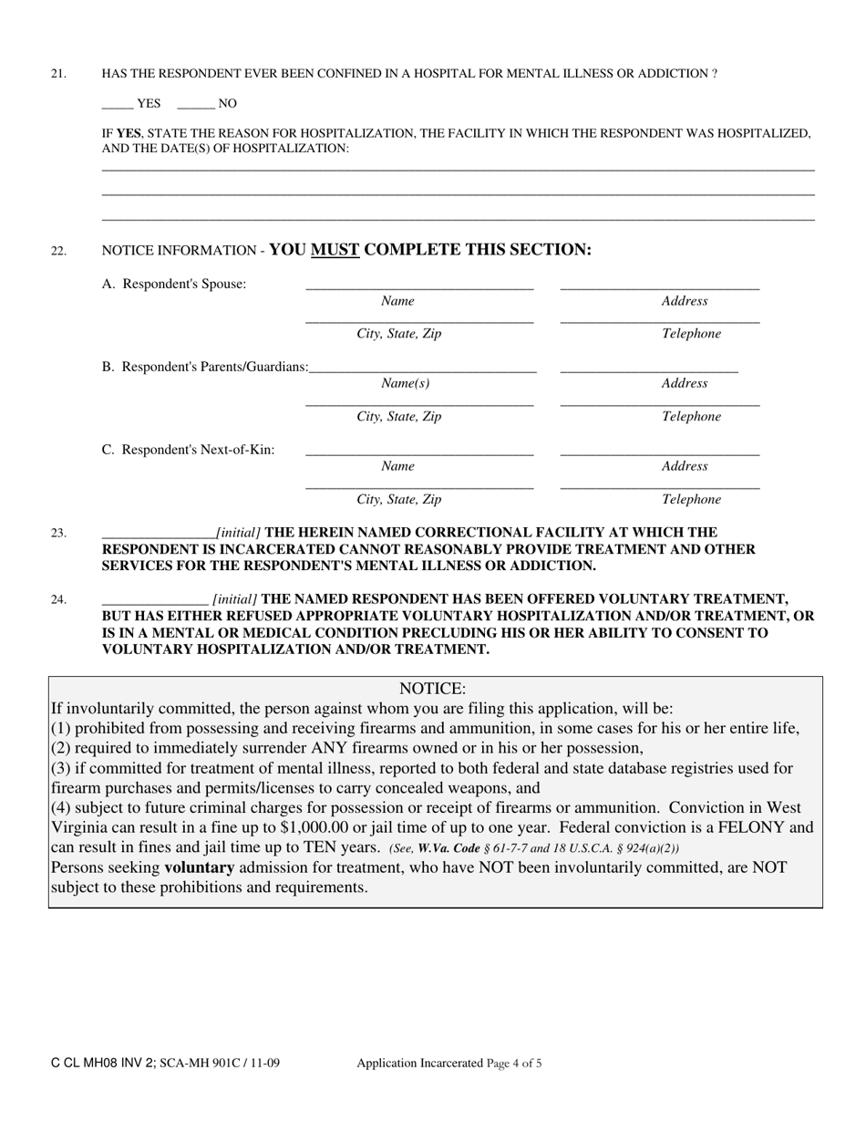 Form INV2 Application for Involuntary Custody for Mental Health Examination of Individual Incarcerated in a Jail, Prison, or Other Correctional Facility - West Virginia, Page 4