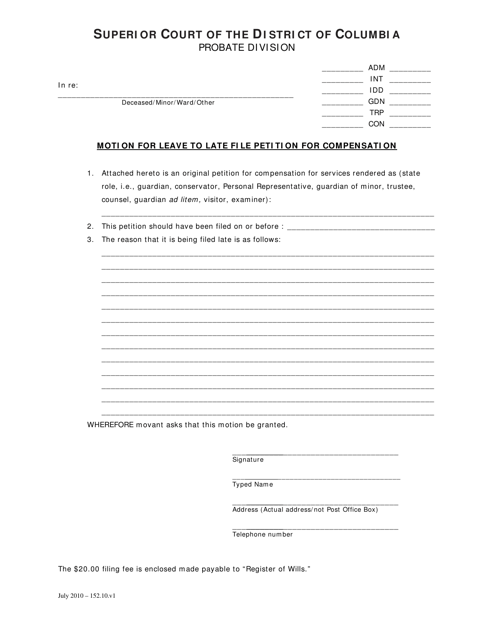 Motion for Leave to Late File Petition for Compensation - Washington, D.C. Download Pdf