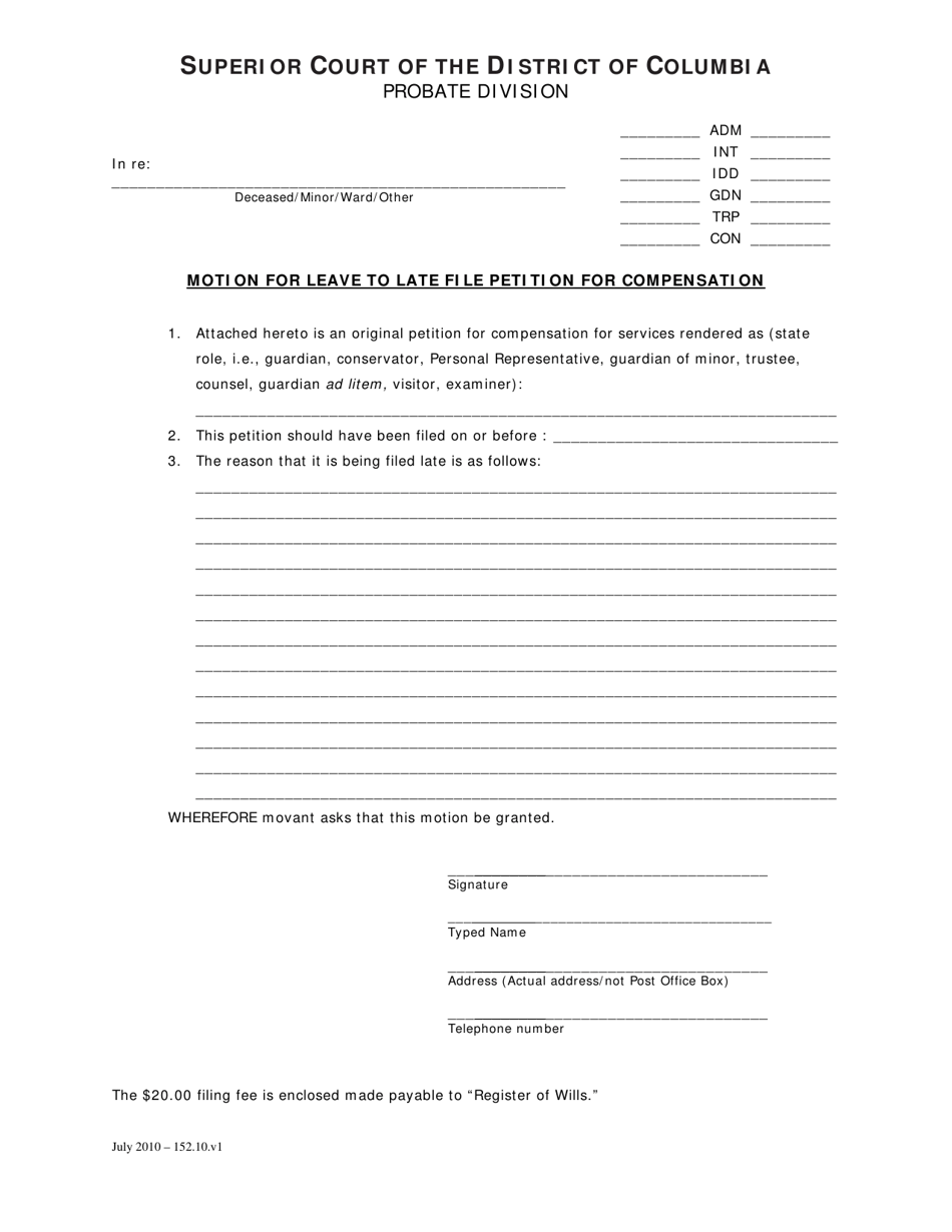 Motion for Leave to Late File Petition for Compensation - Washington, D.C., Page 1