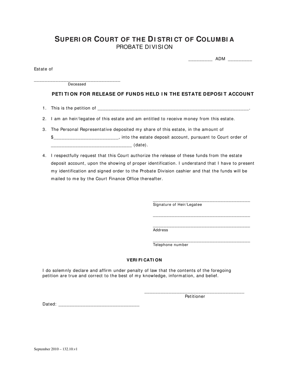 Petition for Release of Funds Held in the Estate Deposit Account - Washington, D.C., Page 1