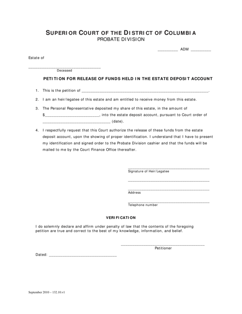 Petition for Release of Funds Held in the Estate Deposit Account - Washington, D.C.