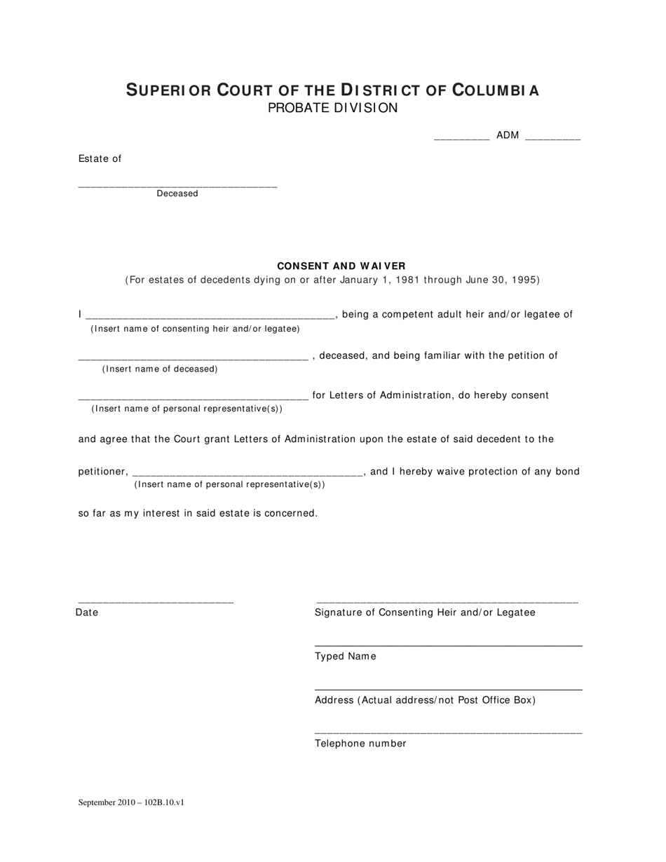 Consent and Waiver - Washington, D.C., Page 1