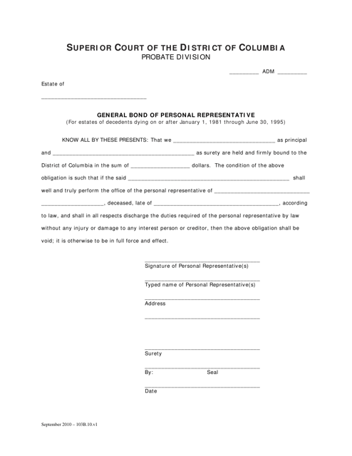 General Bond of Personal Representative (For Estates of Decedents Dying on or After January 1, 1981 Through June 30, 1995) - Washington, D.C. Download Pdf