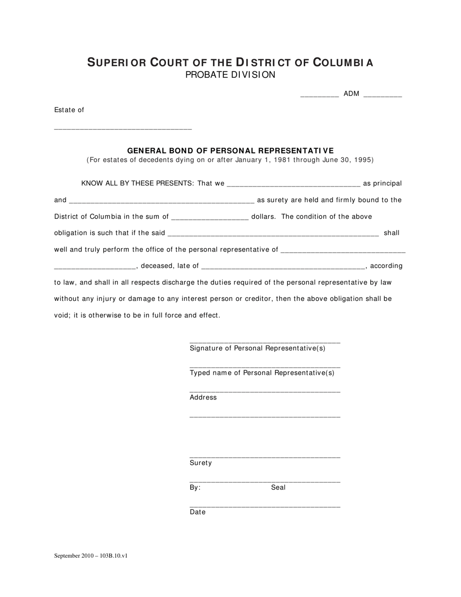 General Bond of Personal Representative (For Estates of Decedents Dying on or After January 1, 1981 Through June 30, 1995) - Washington, D.C., Page 1