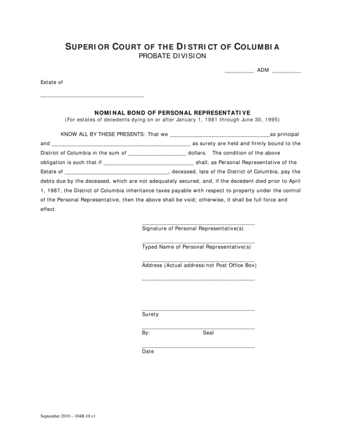 Nominal Bond of Personal Representative - Washington, D.C. Download Pdf