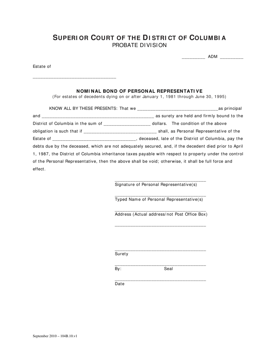 Nominal Bond of Personal Representative - Washington, D.C., Page 1