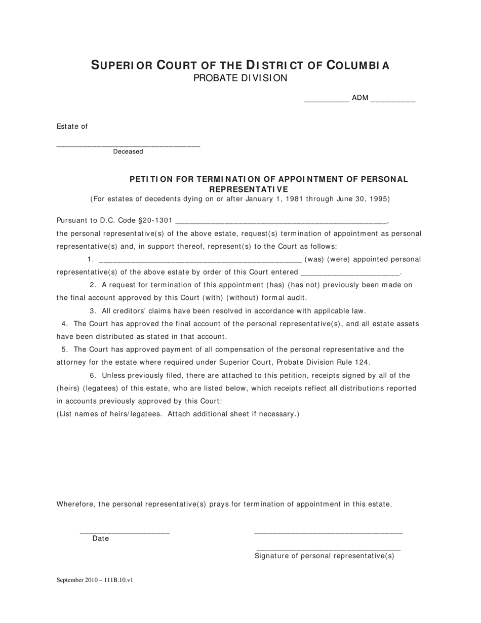 Petition for Termination of Appointment of Personal Representative and Order - Washington, D.C., Page 1