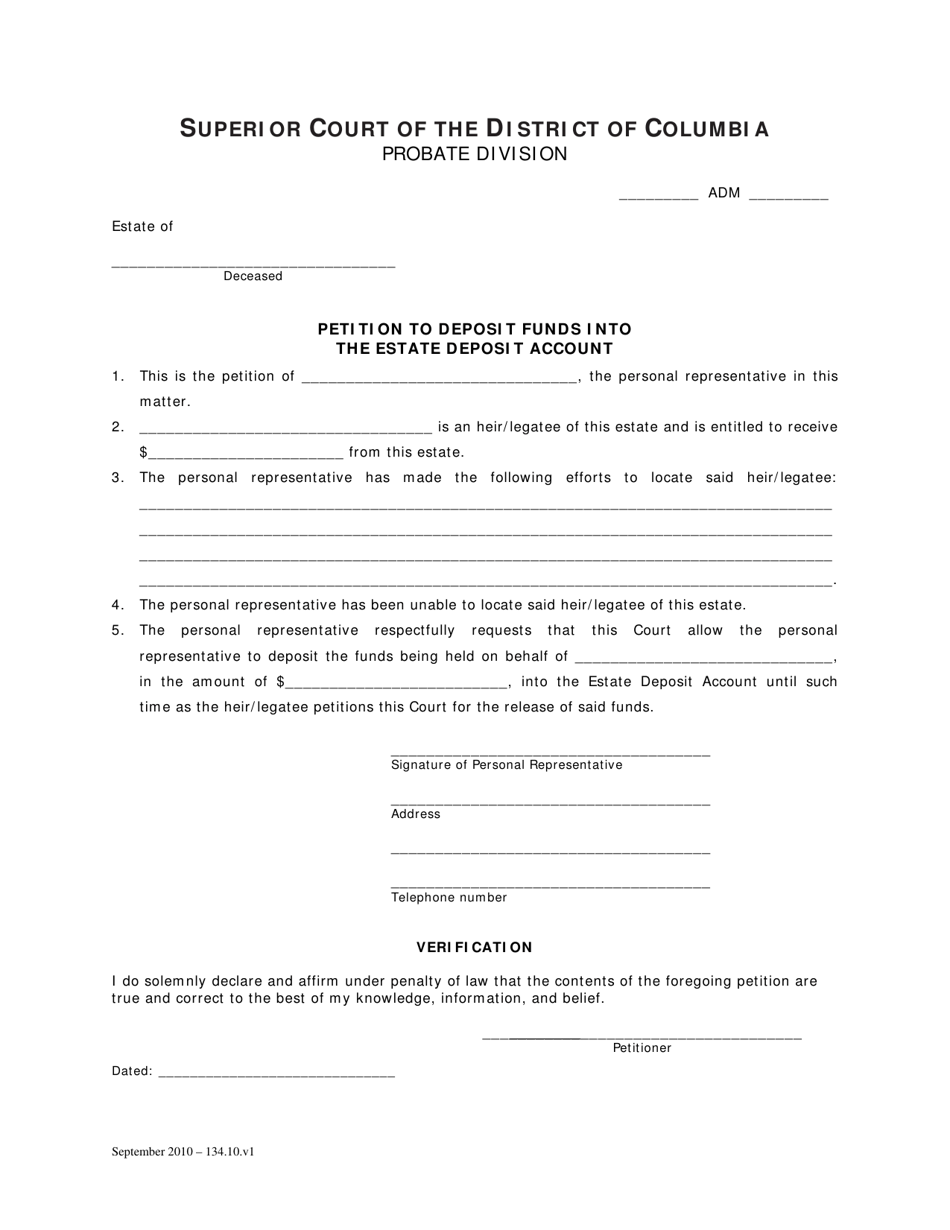 Petition to Deposit Funds Into the Estate Deposit Account and Order - Washington, D.C., Page 1