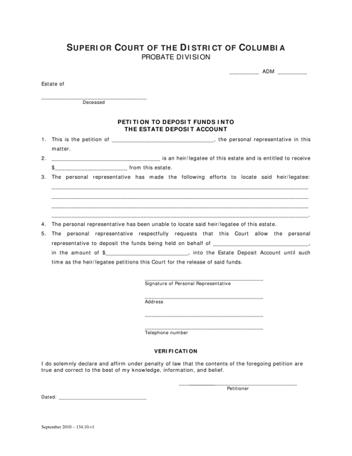 Petition to Deposit Funds Into the Estate Deposit Account and Order - Washington, D.C. Download Pdf