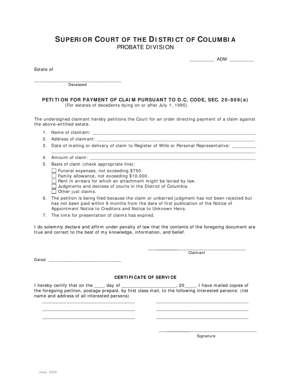 Petition for Payment of Claim Pursuant to D.c. Code, SEC. 20-909(A) and Order (For Estates of Decedents Dying on or After July 1, 1995) - Washington, D.C., Page 1