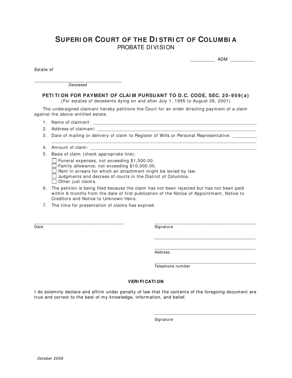 Petition for Payment of Claim Pursuant to D.c. Code, SEC. 20-909(A) and Order (For Estates of Decedents Dying on and After July 1, 1995 to August 26, 2001) - Washington, D.C., Page 1