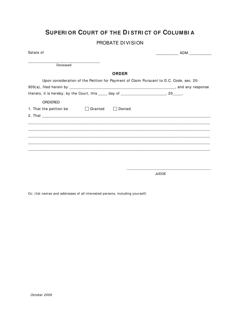 Petition for Payment of Claim Pursuant to D.c. Code, SEC. 20-909(A) and Order (For Estates of Decedents Dying on and After July 1, 1995 to August 26, 2001) - Washington, D.C., Page 3