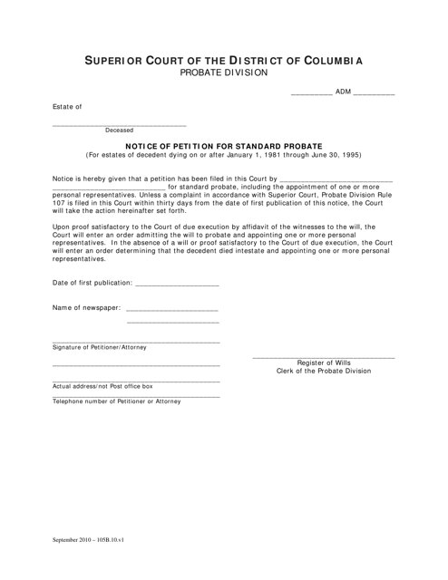 Notice of Petition for Standard Probate (For Estates of Decedent Dying on or After January 1, 1981 Through June 30, 1995) - Washington, D.C. Download Pdf