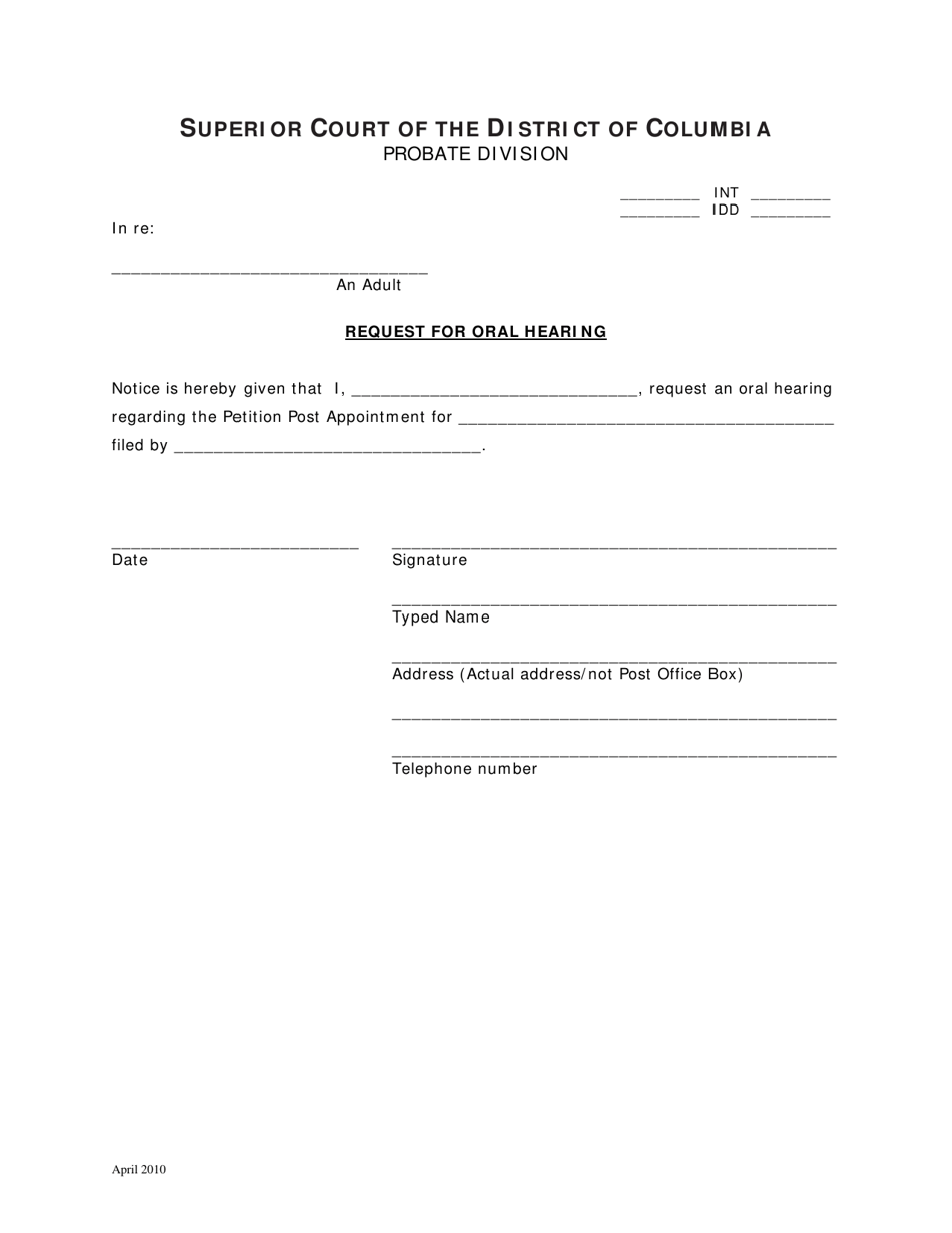 Request for Oral Hearing - Washington, D.C., Page 1