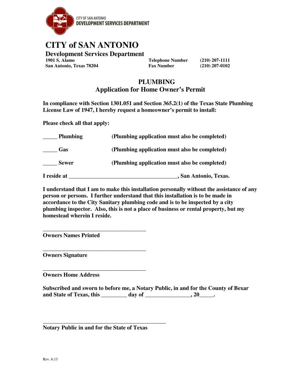 Plumbing Application for Home Owners Permit - City of San Antonio, Texas, Page 1