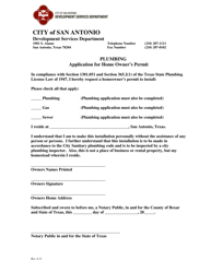 Document preview: Plumbing Application for Home Owner's Permit - City of San Antonio, Texas