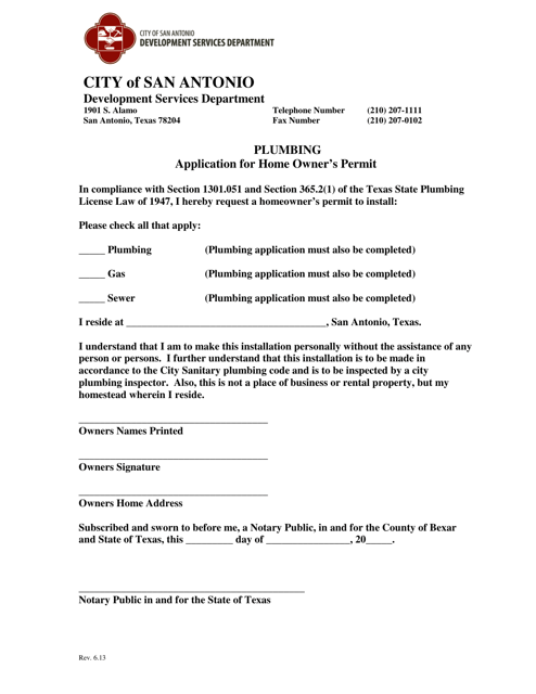 Plumbing Application for Home Owner's Permit - City of San Antonio, Texas Download Pdf