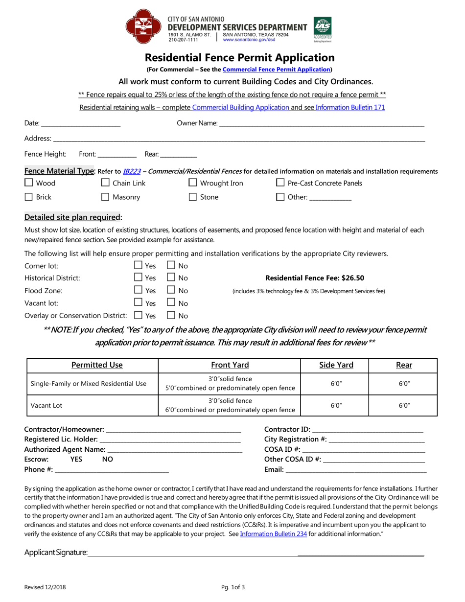 Residential Fence Permit Application - City of San Antonio, Texas, Page 1