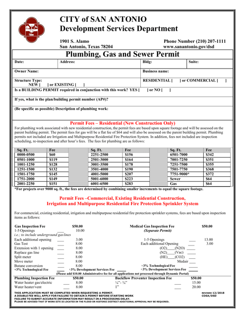 Plumbing, Gas and Sewer Permit - City of San Antonio, Texas Download Pdf